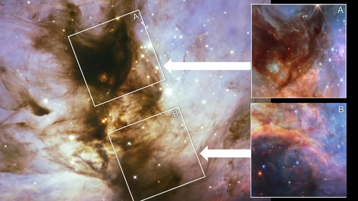 Zarte Wolken aus Gas, mit Hunderten von achtzackigen Sternen, die zwischen ihnen leuchten.