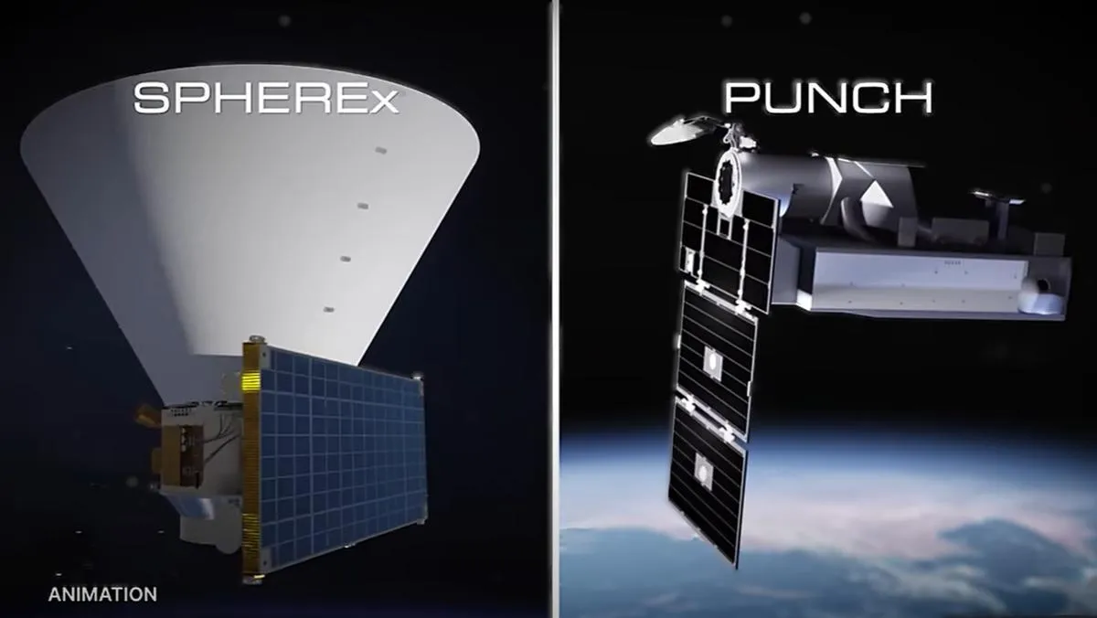 Links eine Animation, die die Struktur von SPHEREx zeigt. Rechts die Struktur von PUNCH.