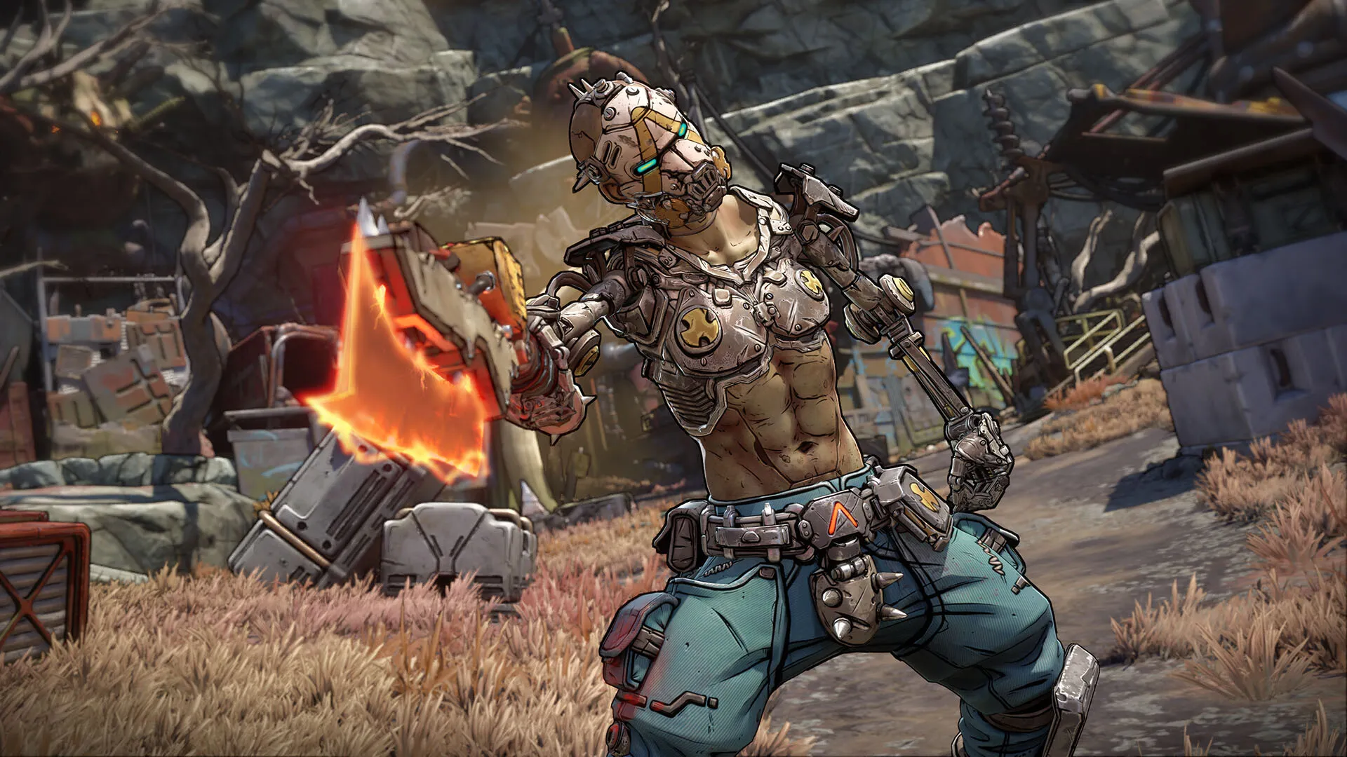 Screenshot aus dem Videospiel Borderlands 4. Ein Mann, der eine Brustpanzerung und einen Vollgesichtshelm/-maske trägt, hält bedrohlich eine lodernde Axt.