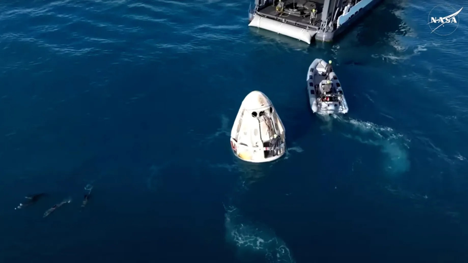 Foto einer weißen Raumkapsel, die im Ozean schwimmt, mit drei Delfinen und zwei Schiffen in der Nähe.