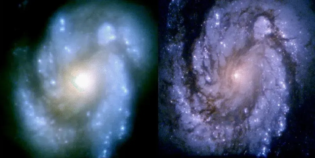 zwei identische Spiralgalaxien nebeneinander, die linke ist unscharf